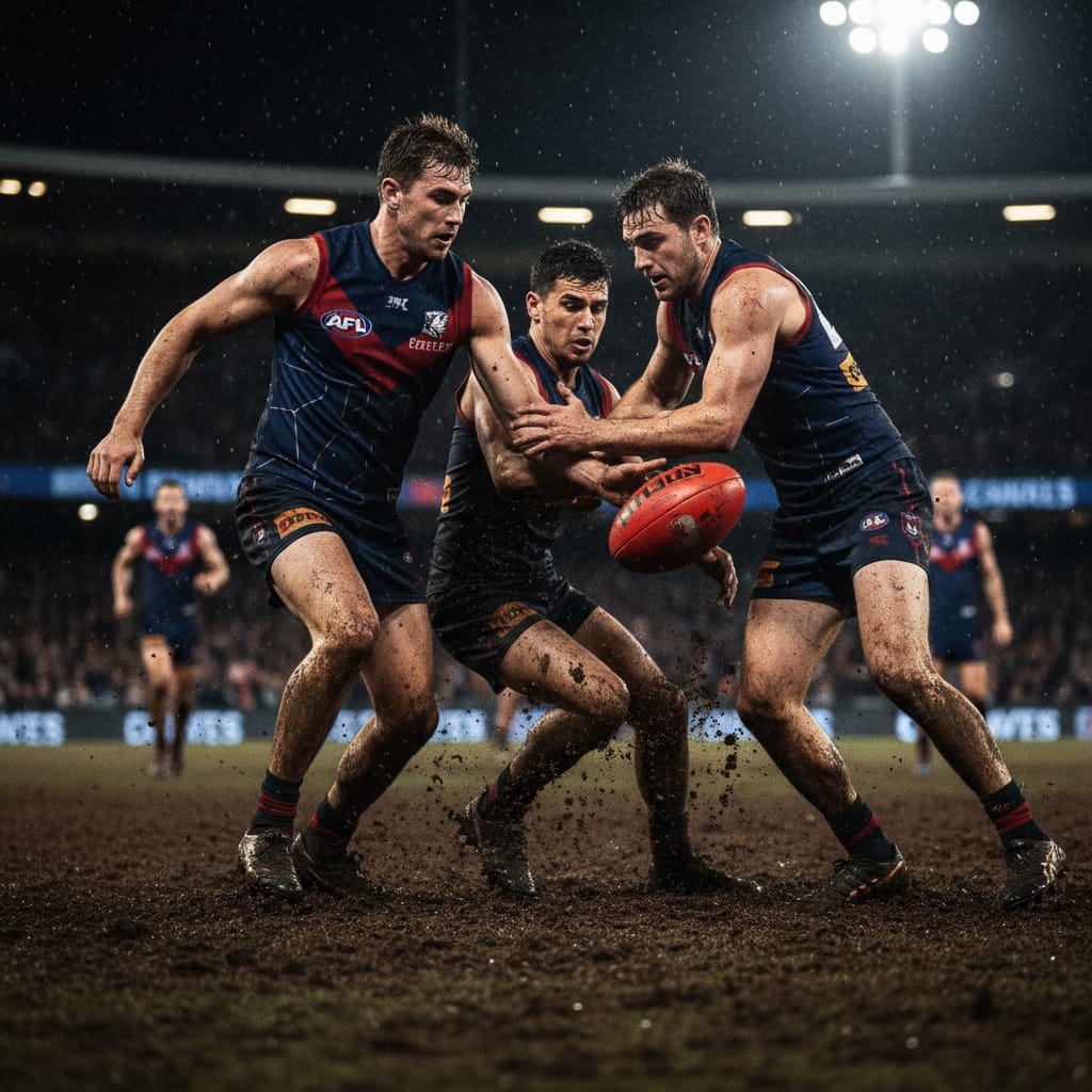 AFL players contesting the ball under stadium lights