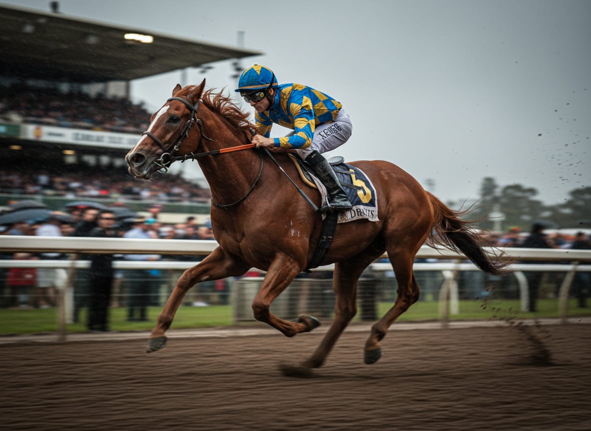 Thoroughbred and jockey at full gallop on an Australian track