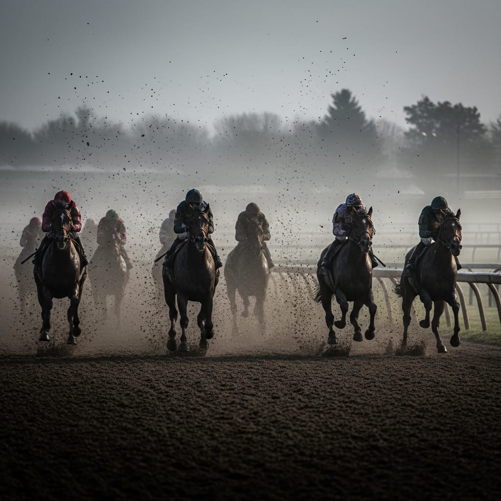 Racehorses galloping on a wet track in early-morning fog