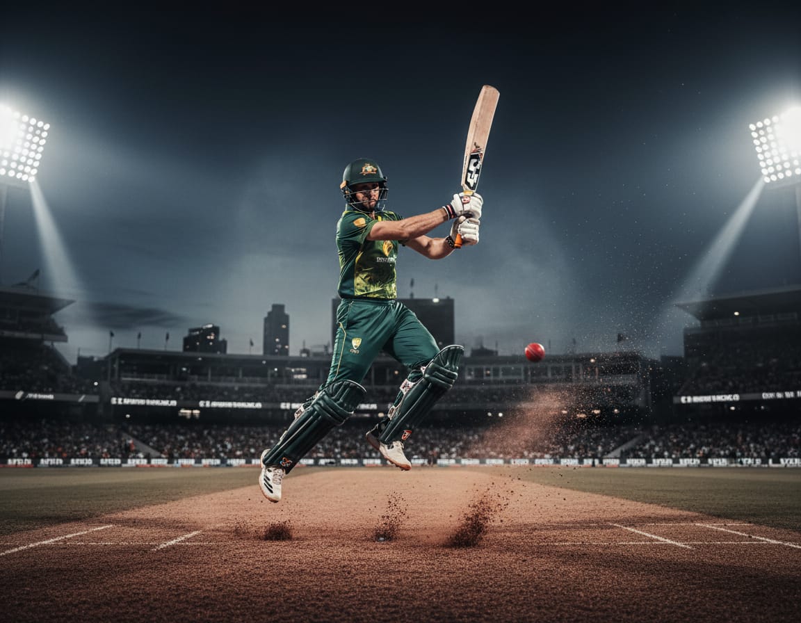 Cricket batsman playing a sweep shot under floodlights at the SCG