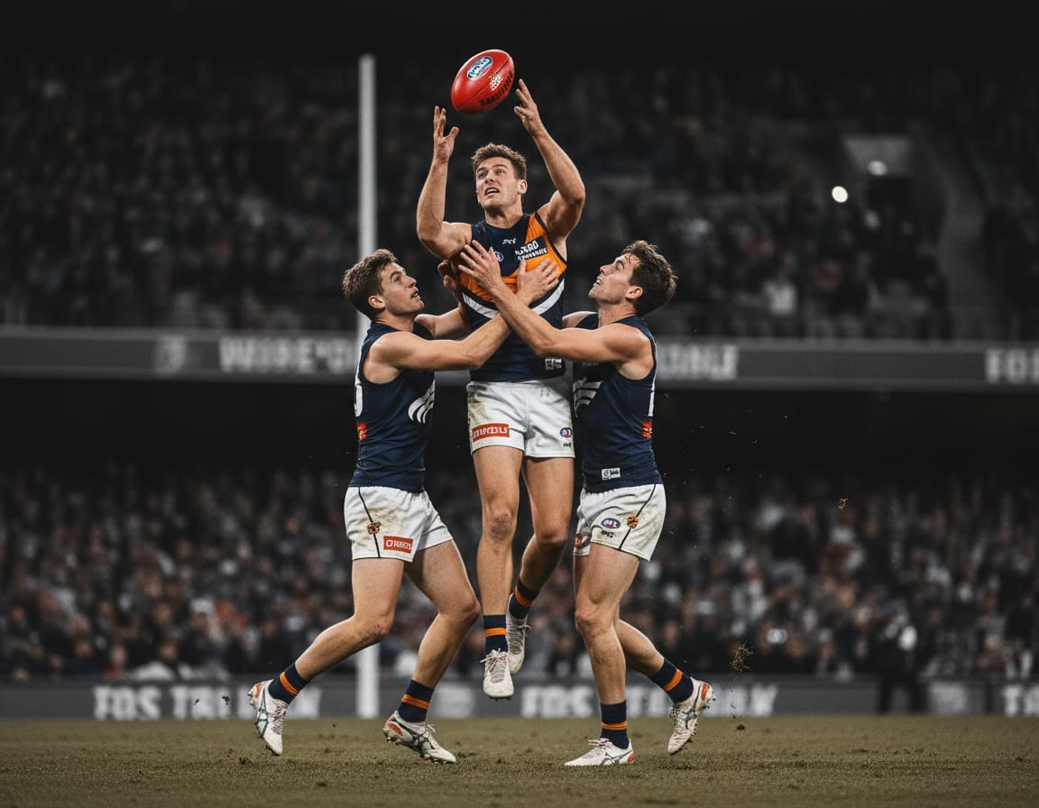 AFL players contesting an overhead mark under stadium floodlights